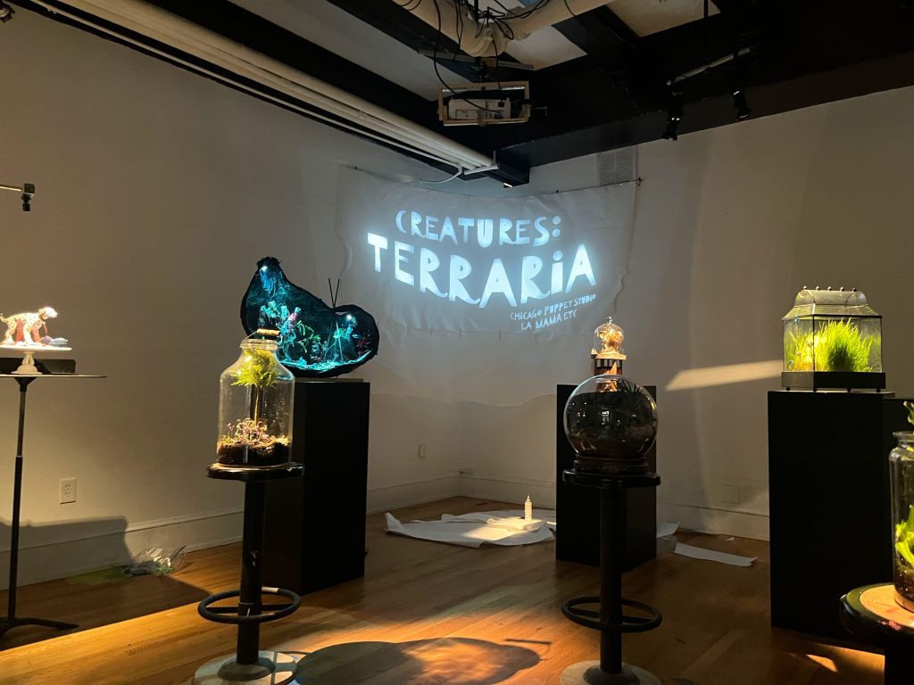An exhibition space featuring various terrariums and a projection of the title 'Creatures: Terraria'.